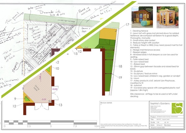 Sketch and CAD design drawing by Sophia's Gardens of a small garden in Low Fell, Gateshead.